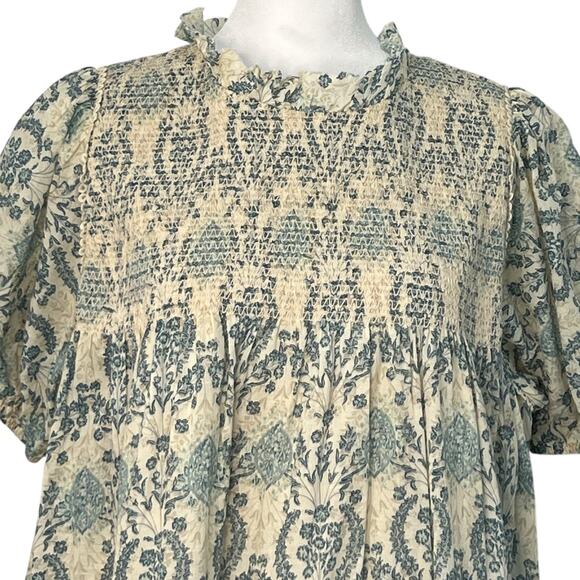 Easel Babydoll Smocked Antique Blue Cream Floral Damask Lace Trim Dress S Boho - Picture 2 of 13